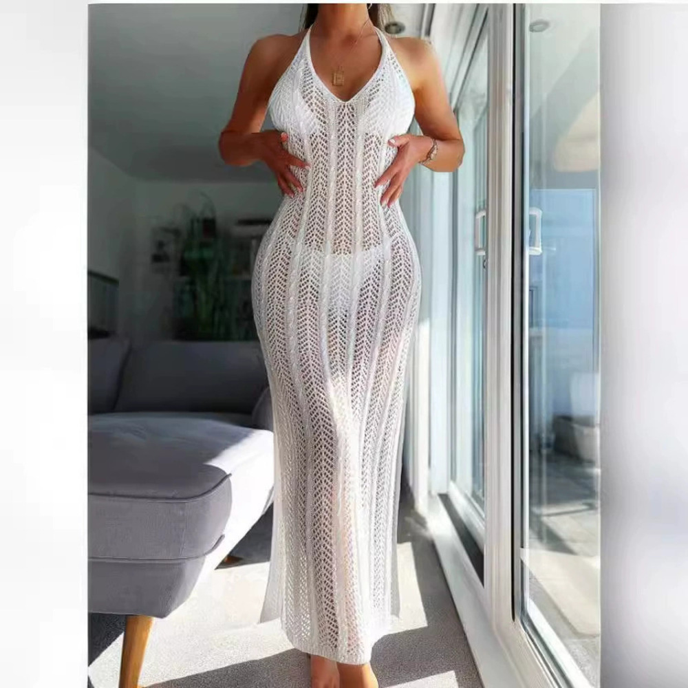 ZARA Womens Sheer Cutout Sleeveless Halter Open Back Bodycon Long Beach Dress